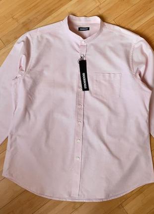 Светло-розовая, хлопковая рубашка без воротника3 фото