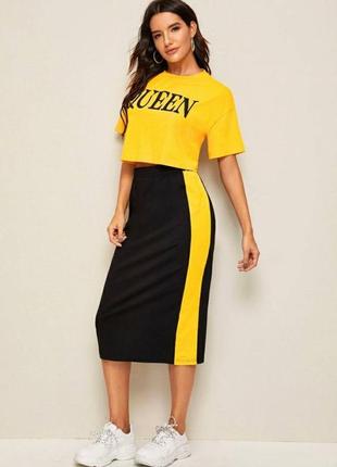 Костюм трикотажний спідниця міді довга юбка + топ футболка спортивний комплект по фігурі зручний чорний жовтий