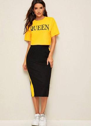 Костюм трикотажний спідниця міді довга юбка + топ футболка спортивний комплект по фігурі зручний чорний жовтий3 фото