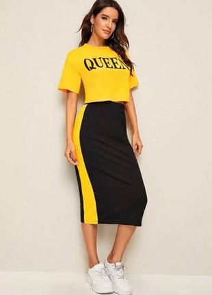 Костюм трикотажный юбка миди длинная юбка + топ футболка спортивный комплект по фигуре удобный черный желтый5 фото