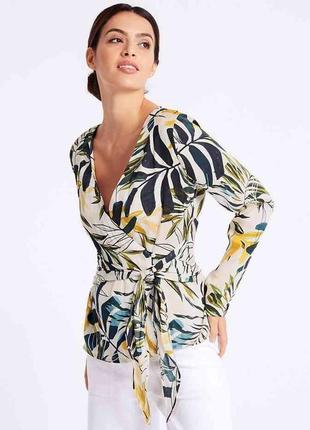 Блуза сатинова принт листя блузка атласна на запах 46 48 m&s распродажа розпродаж блуза листья