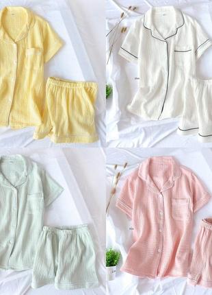 Пижама рубашка + шорты спальный комплект с рубашкой муслиновый белый желтый розовый мятный4 фото