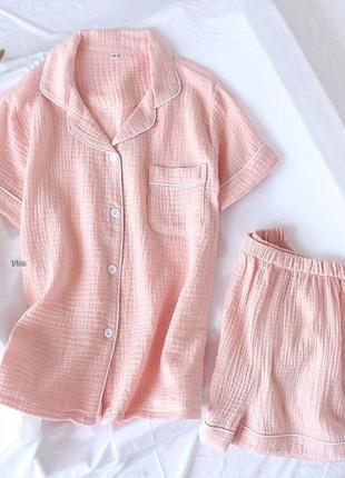 Пижама рубашка + шорты спальный комплект с рубашкой муслиновый белый желтый розовый мятный3 фото