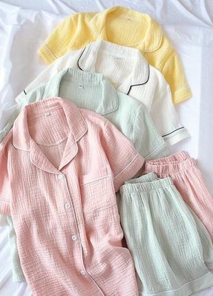 Пижама рубашка + шорты спальный комплект с рубашкой муслиновый белый желтый розовый мятный5 фото
