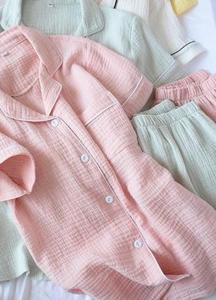 Пижама рубашка + шорты спальный комплект с рубашкой муслиновый белый желтый розовый мятный7 фото