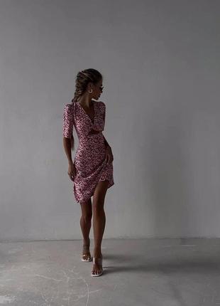 Платье мини приталенное v образный вырез рукав до локтя вверху присобран юбка трапеция ткань штапель6 фото