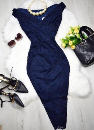 Синее кружевное миди платье открытые плечи элегантное красивое женственное1 фото