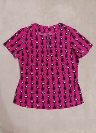 Рожева блузка блузочка батал із котами котиками1 фото