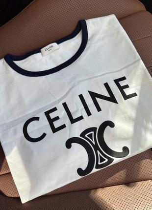 Женская мужская текстильная белая футболка celine paris с черным логотипом селин7 фото