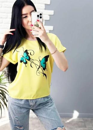 Літня блузка - футболка жіноча з метеликами вільного крою норма та батал "arial"6 фото