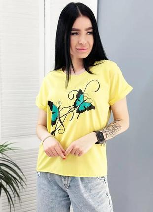 Літня блузка - футболка жіноча з метеликами вільного крою норма та батал "arial"8 фото
