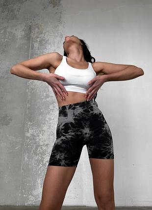 Фитнес-шорты marble мраморные бесшовные с пуш-ап тай-дай (черные с белыми разводами)