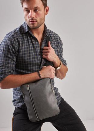 Чоловіча сіра сумка планшет через плечо vertical екошкіра8 фото