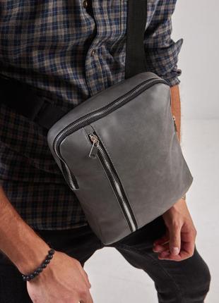 Чоловіча сіра сумка планшет через плечо vertical екошкіра2 фото