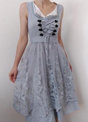Бавовняна сукня сарафан сіре плаття мереживо вінтажне плаття сіра сукня вінтаж австрія баварський стиль плаття міді сарафан вінтажна сукня корсет6 фото