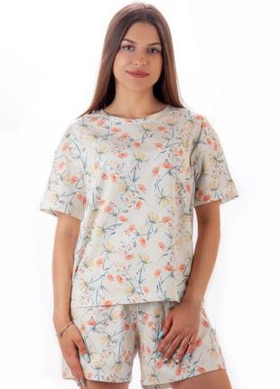 Легкая пижама молочная в цветы, очень красивая летняя хлопковая пижама женская