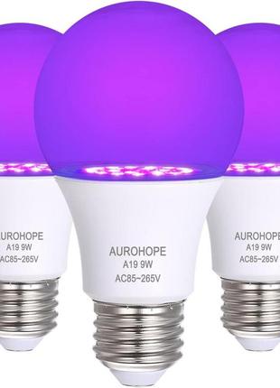 2 pack світлодіодні ультрафіолетові лампочки aurohope 3 pack, середня база a19 9w e26 / e27, рівень uva 385-400 нм, світіння в тем1 фото