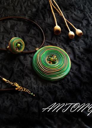 Комплект украшений зеленый, набор кулон и кольцо зеленый, этнический кулон3 фото