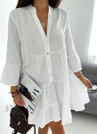 Платье короткое белое однотонное на длинный рукав свободного кроя на пуговицах качественная стильная трендовая туреченица