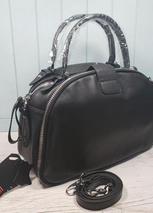 Женская кожаная сумка polina & eiterou чёрная саквояж жіноча шкіряна2 фото