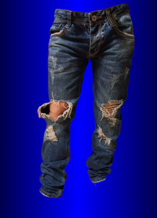 Мужские джинсы рванки с потертостями дырками дырами слим размер 31 46 48  синие штаны брюки