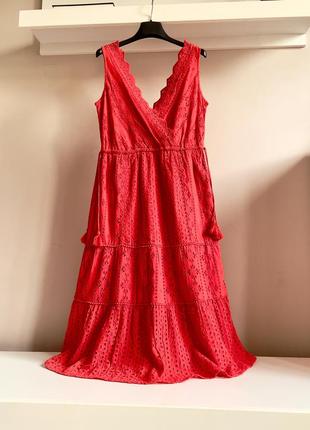 Натуральное, хлопковое красное платье-ришелье (прошва)