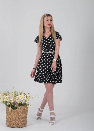 Літня жіноча сукня з льону чорна в білий горошок3 фото