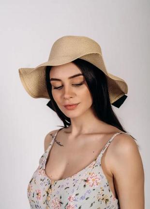 Бежевая летняя женская шляпа из 100% соломы с бантом сзади размер 56-572 фото