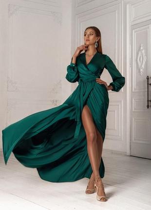 Зеленое изумрудное вечернее длинное платье нарядное рукав2 фото