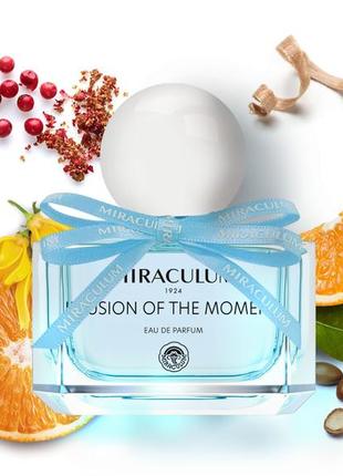 Парфюмированная вода miraculum illusion of the moment eau de parfum
с теплыми нотами амбры и пачули, приправленными мускусом.