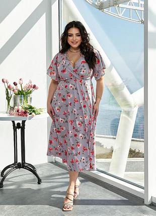 Платье миди большие размеры лиф на запах v образный вырез рукав короткий ,,крылышко,, талия на резинке юбка расклешонная ткань софт