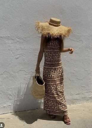 Zara льняное платье макси  с принтом aztec