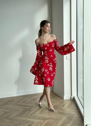 Шикарное платье миди с корсетной шнуровкой с декольте с длинными рукавами трапеция колокольчик красное вечернее на выход повседневное3 фото
