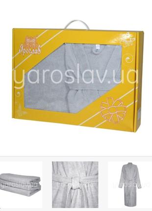 Подарочный набор тм яросл халат и полотенца (яр-500) светло-серый и бежевый3 фото