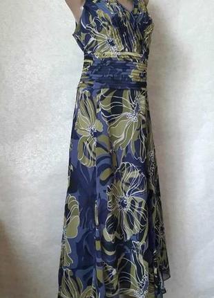 Платье миди/шифоновый сарафан в крупные цветы хаки+синий, размер хл-2хл3 фото