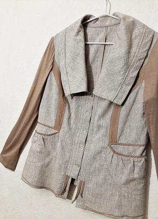 Оригинальный жакет пиджак бежевый на лето + воротник, рукава трикотажные на девушку/женский