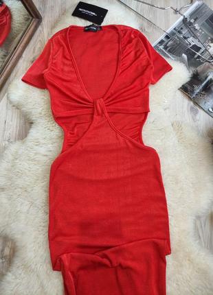 Платье с разрезами на талии вязанное длинное платье с декольте плаття з розрізами на талії в'язане довге міди максі красное кораловое кирпичное3 фото