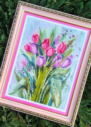 Шикарна картина "акварельні тюльпани", вишивка1 фото