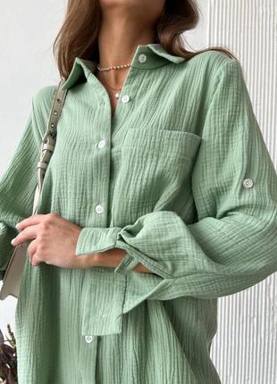 Муслиновая оверсайз длинная рубашка платья свободное зеленое фиолетовое белое5 фото