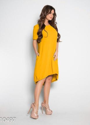 Желтое свободное платье с короткими рукавами2 фото