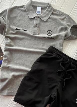 Летний серый спортивный костюм mercedes amg puma Outline с футболкой поло сірий літній спортивний костюм puma Outline mercedes пума мерседес