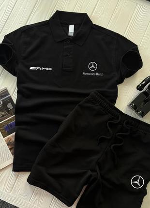 Летний чёрный спортивный костюм с футболкой поло puma mercedes чорний літній спортивний костюм puma mercedes поло пума
