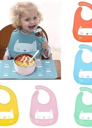 Силиконовый слюнявчик, нагрудник с карманом котенок желтый