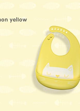 Силиконовый слюнявчик, нагрудник с карманом котенок желтый