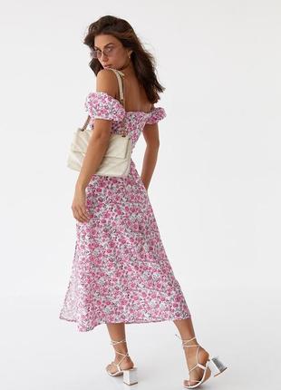 Цветочное платье миди с разрезом розовое2 фото