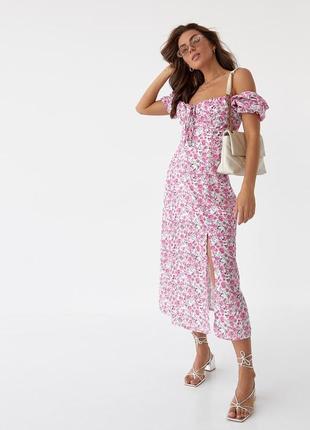 Цветочное платье миди с разрезом розовое6 фото