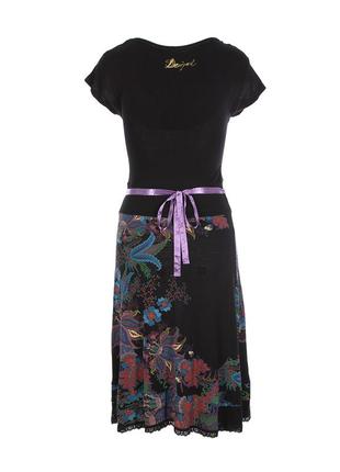 Летнее черное платье миди с разноцветным цветочным орнаментом desigual7 фото