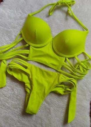 🥝🍏👙трендовый кислотный неоновый салатовый купальник с завязками💚 бюст + плавки бикини 🔥1 фото