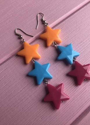 Нові сережки ручної роботи різнокольорові зірки stars