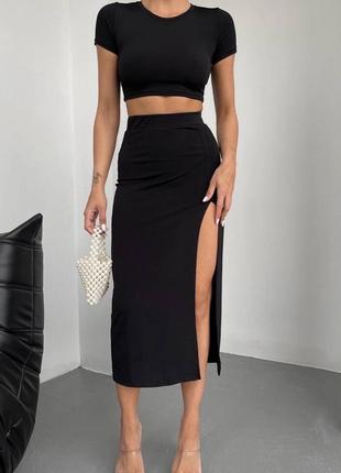 Костюм топ юбка миди с разрезом качественный базовый черный бежевый трендовый стильный комплект с длинной юбкой2 фото